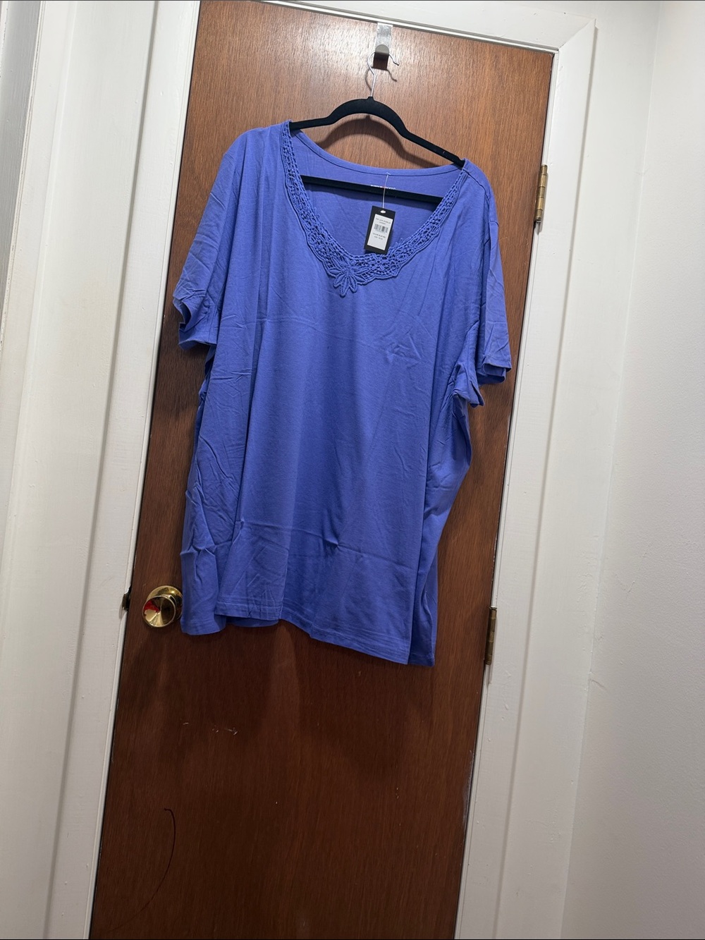 Relaxed V-Neck Short Sleeve Top with Crochet Detail - Periwinkle